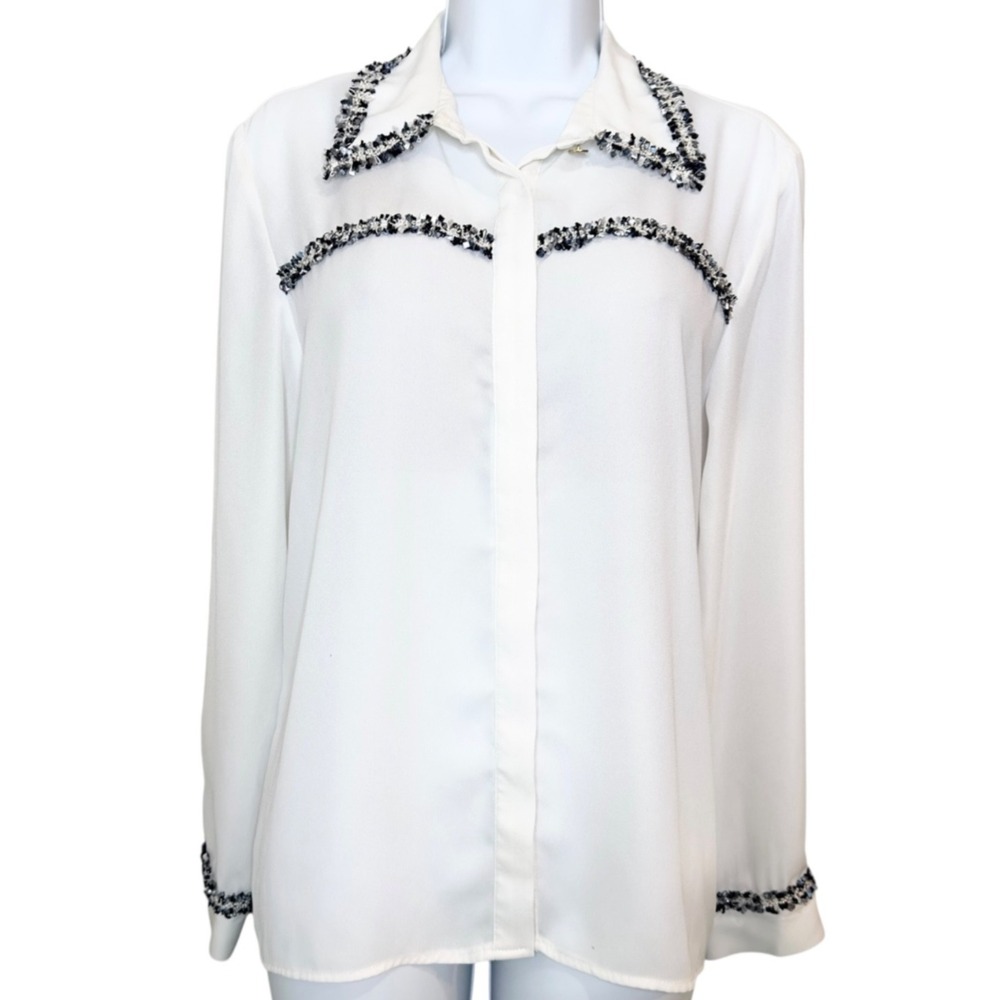 ZARA Women's Ivory Sheer Blouse Tweed Trim Long Sleeve Office Chic Classic S - Picture 3 of 15